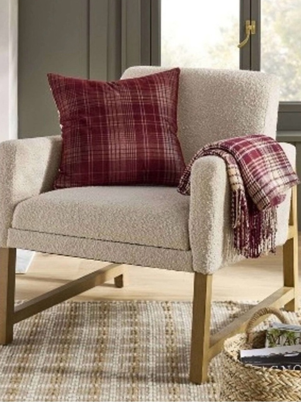 Hearth & Hand With Magnolia Fall Plaid Burgundy Red Corduroy Throw Pillow NEW